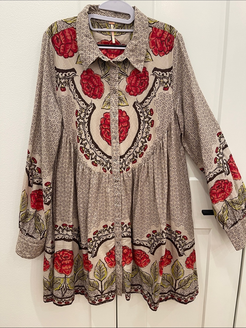 Free People Beige Tunic Dress with Red Rose Print